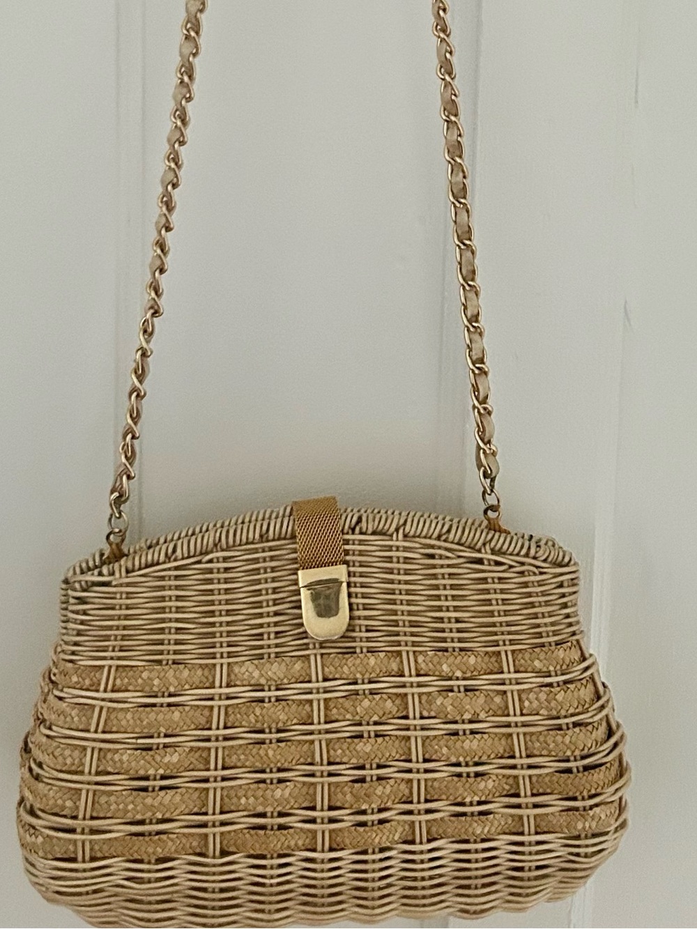 Vintage Benchmade Leather Inc. Wicker Purse Gold Chain Shoulder Bag